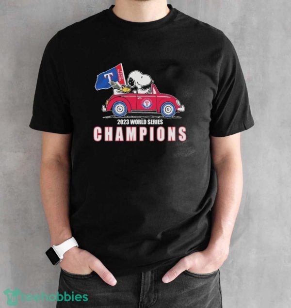 Peanuts Snoopy And Woodstock Texas Rangers On Car 2023 World Champions Shirt - Black Unisex T-Shirt