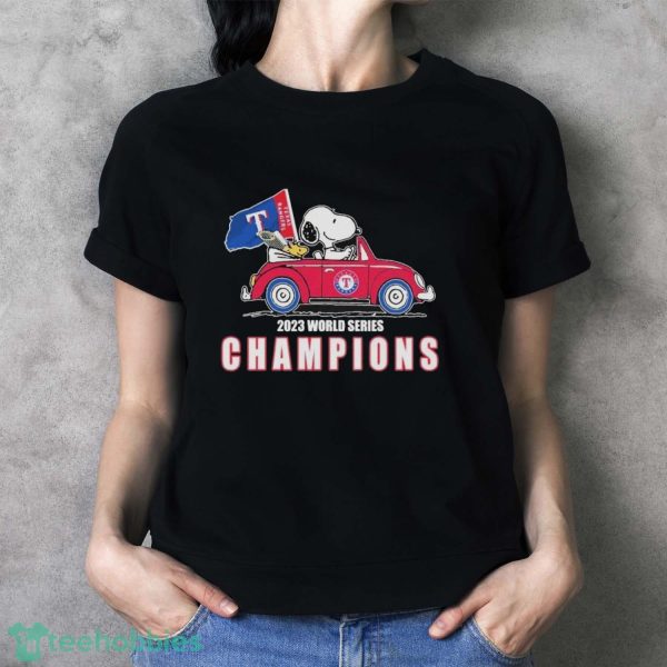 Peanuts Snoopy And Woodstock Texas Rangers On Car 2023 World Champions Shirt - Ladies T-Shirt