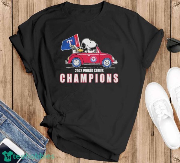 Peanuts Snoopy And Woodstock Texas Rangers On Car 2023 World Champions Shirt - Black T-Shirt