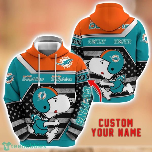 Personalized Name NFL Miami Dolphins Hoodie Snoopy Cute 3D Hoodie For Fans Product Photo 1