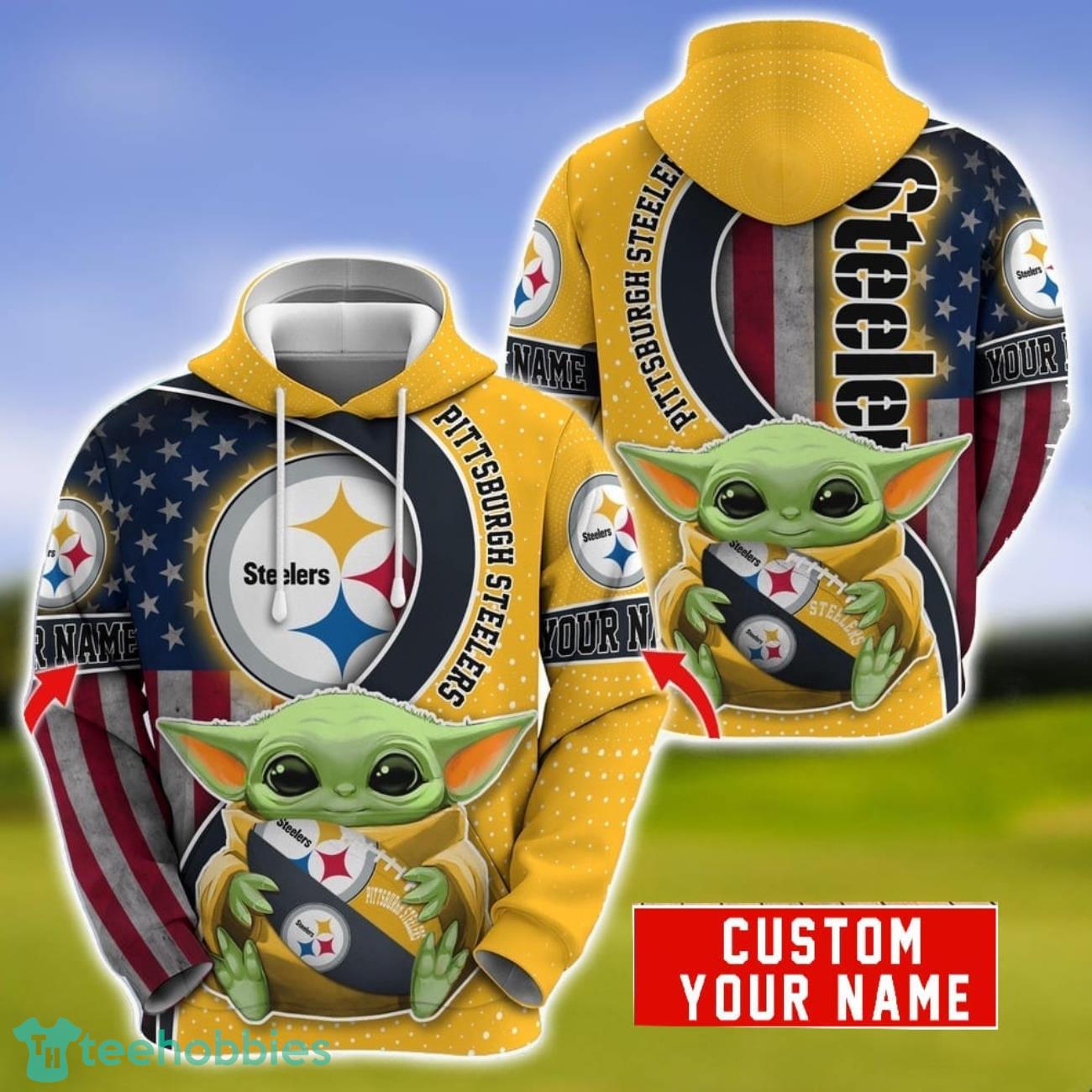 Personalized NFL Pittsburgh Steelers Baby Yoda Hug Logo 3D Hoodie Unique Sport Gift For Fans image Personalized NFL Pittsburgh Steelers Baby Yoda Hug Logo 3D Hoodie Unique Sport Gift For Fans Product Photo 1