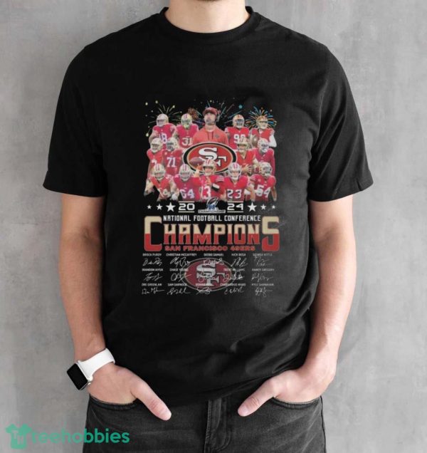 San Francisco 49ers Team Football 2024 National Football Conference Champions Signatures Shirt - Black Unisex T-Shirt