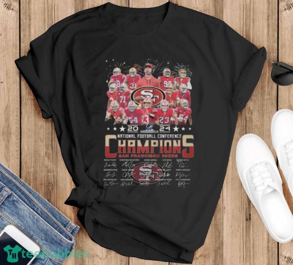 San Francisco 49ers Team Football 2024 National Football Conference Champions Signatures Shirt - Black T-Shirt