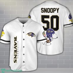 Baltimore Ravens Snoopy Baseball Jersey White Cute Gift For Fans Custom Name Number Product Photo 1