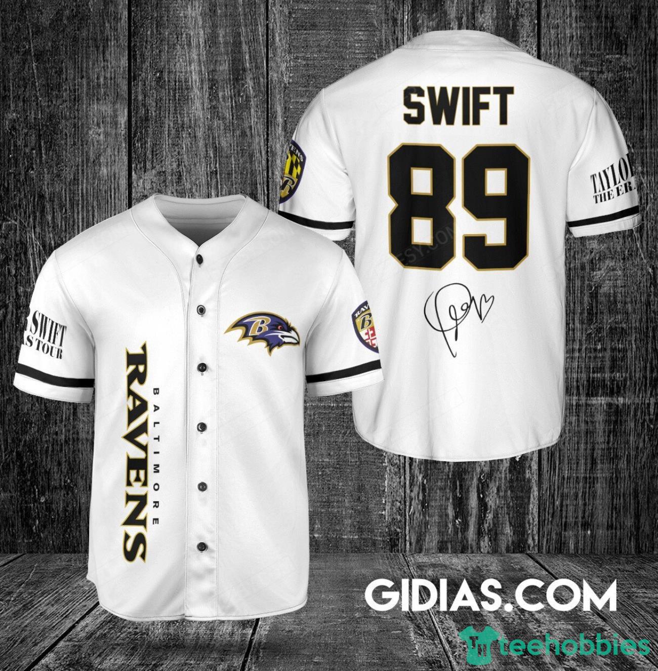 Baltimore Ravens Taylor Swift Baseball Jersey White Number #89 image Baltimore Ravens Taylor Swift Baseball Jersey White Number #89 Product Photo 1