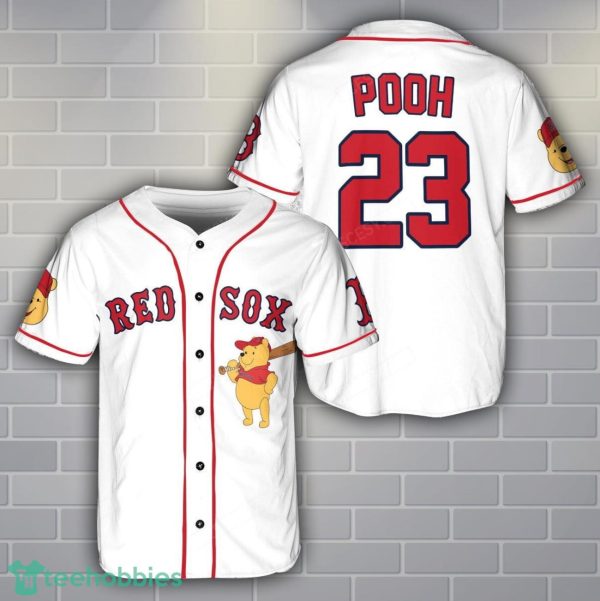 Boston Red Sox Winnie the Pooh Baseball Jersey Shirt Cute Gift For Men Women Custom Name Number Product Photo 1