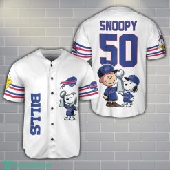Buffalo Bills Peanut Snoopy Champion Baseball Jersey Shirt For Fans White Shirt Custom Name Number Product Photo 1