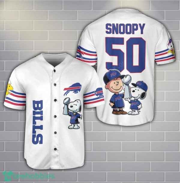 Buffalo Bills Peanut Snoopy Champion Baseball Jersey Shirt For Fans White Shirt Custom Name Number Product Photo 1
