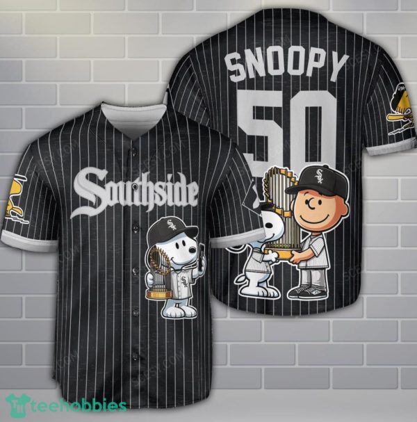 Chicago White Sox Peanut Snoopy Baseball Jersey Black Striped Custom Name Number Product Photo 1