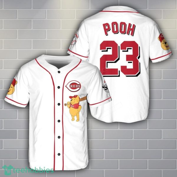 Cincinnati Reds Winnie the Pooh Baseball Jersey Shirt Cute Gift For Men Women Custom Name Number Product Photo 1