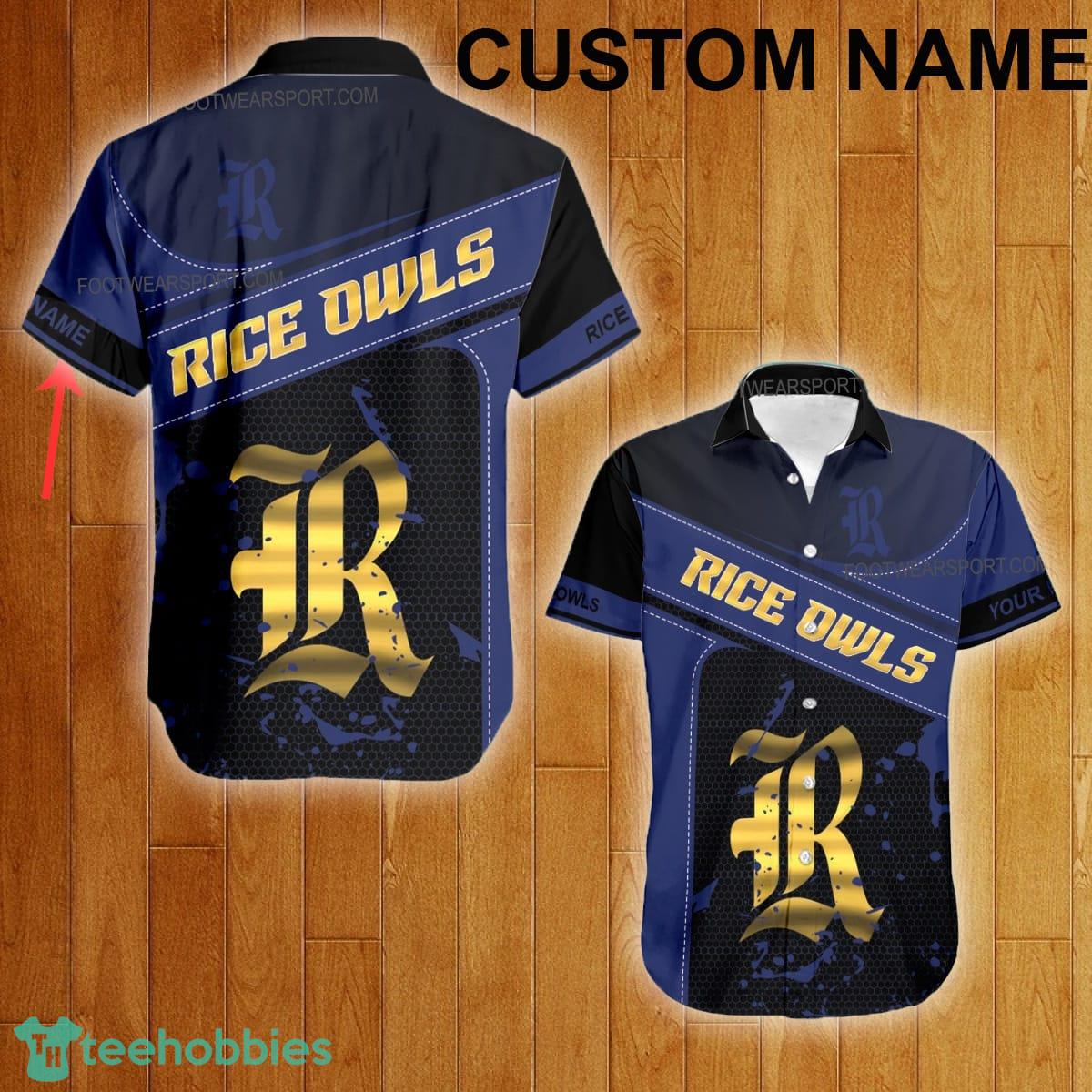 Custom Name NCAA Rice Owls Logo Gold Hawaiian Shirt For Men Women Beach - Custom Name NCAA Rice Owls Logo Gold Hawaiian Shirt For Men Women Beach