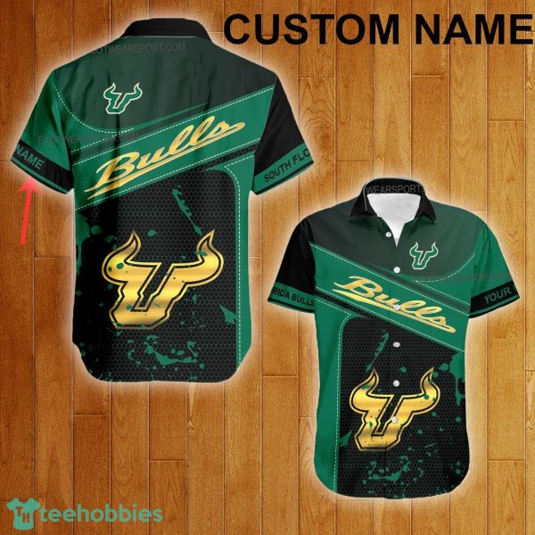 Custom Name NCAA South Florida Bulls Logo Gold Hawaiian Shirt For Men Women Beach - Custom Name NCAA South Florida Bulls Logo Gold Hawaiian Shirt For Men Women Beach