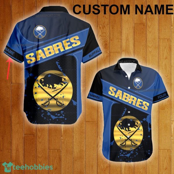 Custom Name NHL Buffalo Sabres Logo Gold Hawaiian Shirt For Men Women Beach - Custom Name NHL Buffalo Sabres Logo Gold Hawaiian Shirt For Men Women Beach