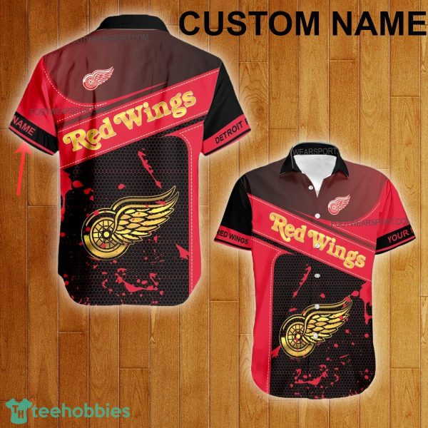 Custom Name NHL Detroit Red Wings Logo Gold Hawaiian Shirt For Men Women Beach - Custom Name NHL Detroit Red Wings Logo Gold Hawaiian Shirt For Men Women Beach