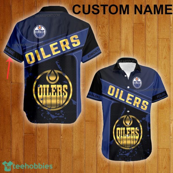 Custom Name NHL Edmonton Oilers Logo Gold Hawaiian Shirt For Men Women Beach - Custom Name NHL Edmonton Oilers Logo Gold Hawaiian Shirt For Men Women Beach