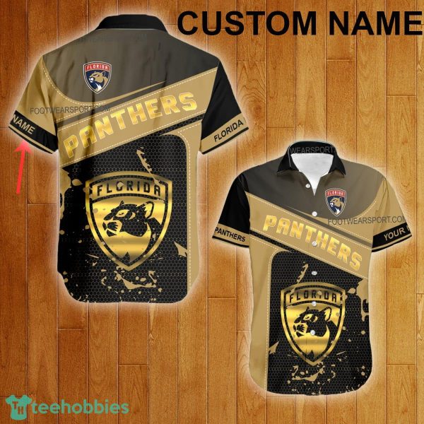 Custom Name NHL Florida Panthers Logo Gold Hawaiian Shirt For Men Women Beach - Custom Name NHL Florida Panthers Logo Gold Hawaiian Shirt For Men Women Beach