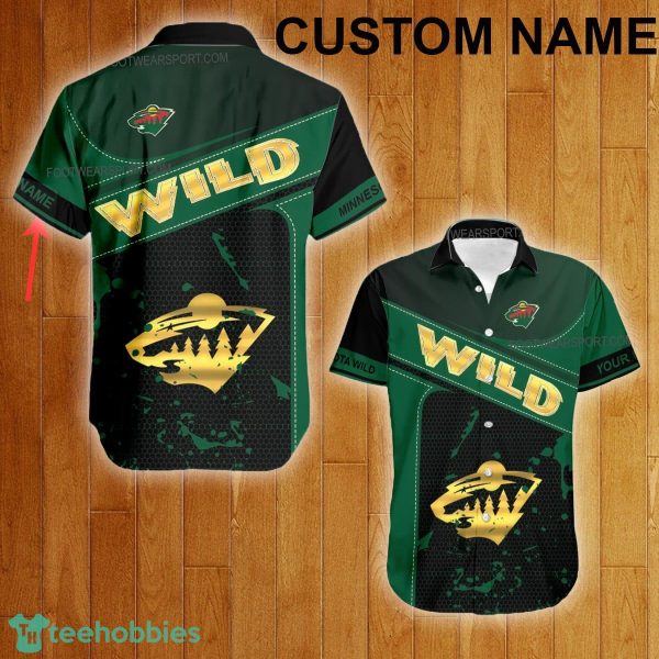 Custom Name NHL Minnesota Wild Logo Gold Hawaiian Shirt For Men Women Beach - Custom Name NHL Minnesota Wild Logo Gold Hawaiian Shirt For Men Women Beach