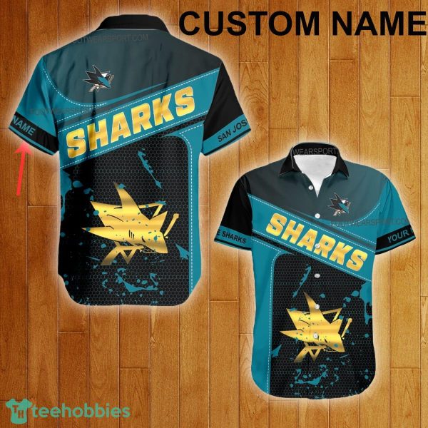Custom Name NHL San Jose Sharks Logo Gold Hawaiian Shirt For Men Women Beach - Custom Name NHL San Jose Sharks Logo Gold Hawaiian Shirt For Men Women Beach