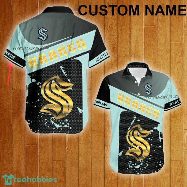 Custom Name NHL Seattle Kraken Logo Gold Hawaiian Shirt For Men Women Beach - Custom Name NHL Seattle Kraken Logo Gold Hawaiian Shirt For Men Women Beach