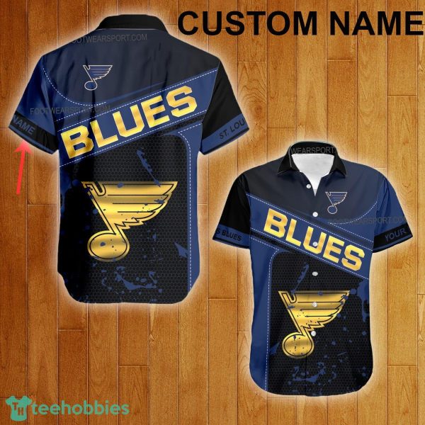 Custom Name NHL St. Louis Blues Logo Gold Hawaiian Shirt For Men Women Beach - Custom Name NHL St. Louis Blues Logo Gold Hawaiian Shirt For Men Women Beach