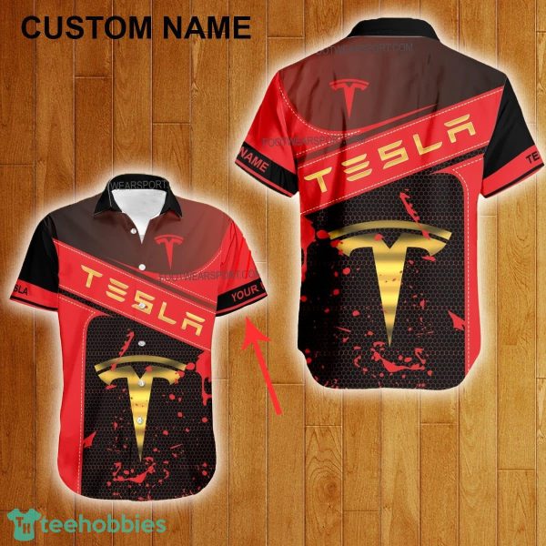 Custom Name Tesla Racing Style Gold Hawaiian Shirt For Men Women Beach - Custom Name Tesla Racing Style Gold Hawaiian Shirt For Men Women Beach