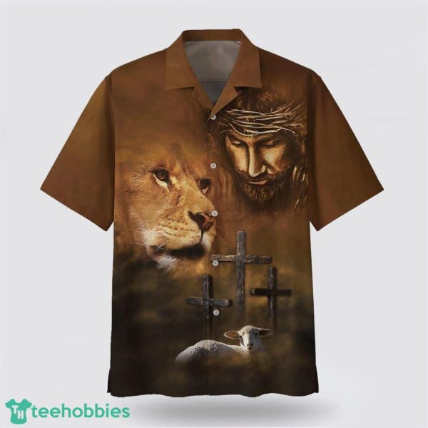 Jesus Lion And The Lamb Three Cross All Over Printed 3D Hawaiian Shirt Product Photo 1