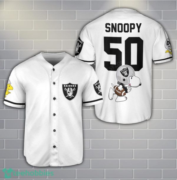 Las Vegas Raiders Snoopy Baseball Jersey White Cute Gift For Fans Custom Name Number Product Photo 1