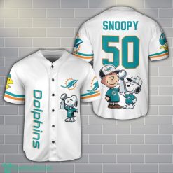 Miami Dolphins Peanut Snoopy Champion Baseball Jersey Shirt For Fans White Shirt Custom Name Number Product Photo 1