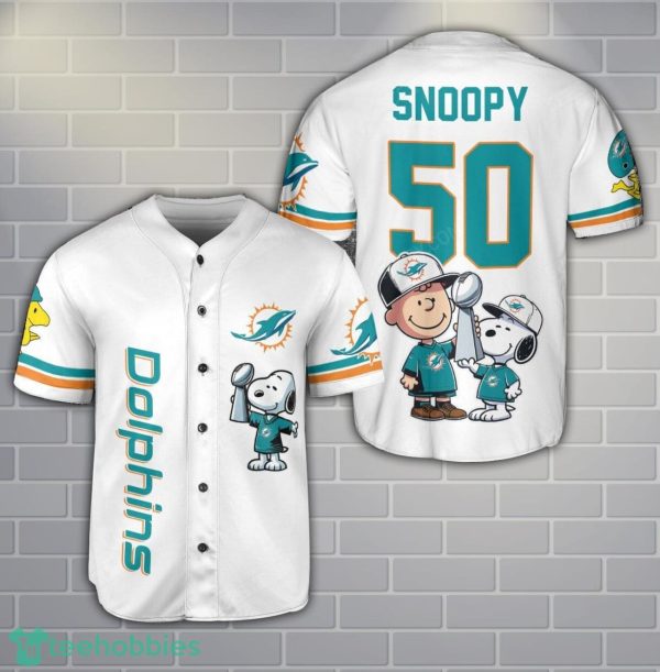 Miami Dolphins Peanut Snoopy Champion Baseball Jersey Shirt For Fans White Shirt Custom Name Number Product Photo 1