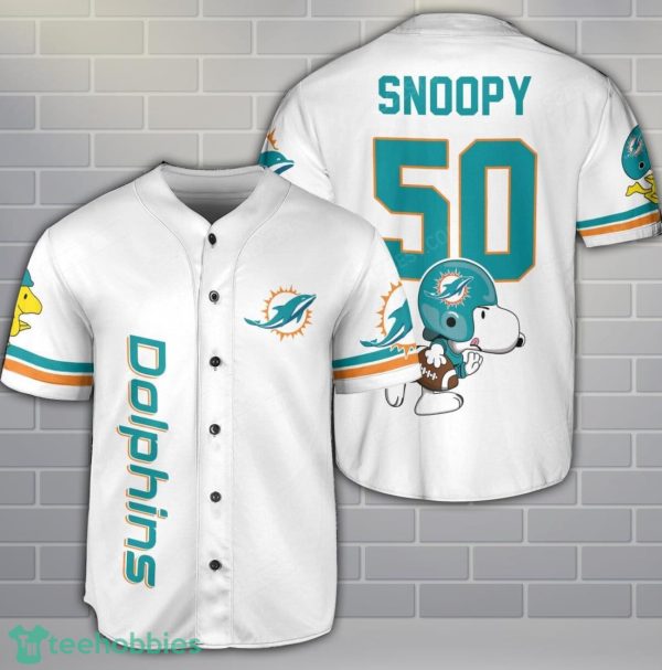 Miami Dolphins Snoopy Baseball Jersey White Cute Gift For Fans Custom Name Number Product Photo 1