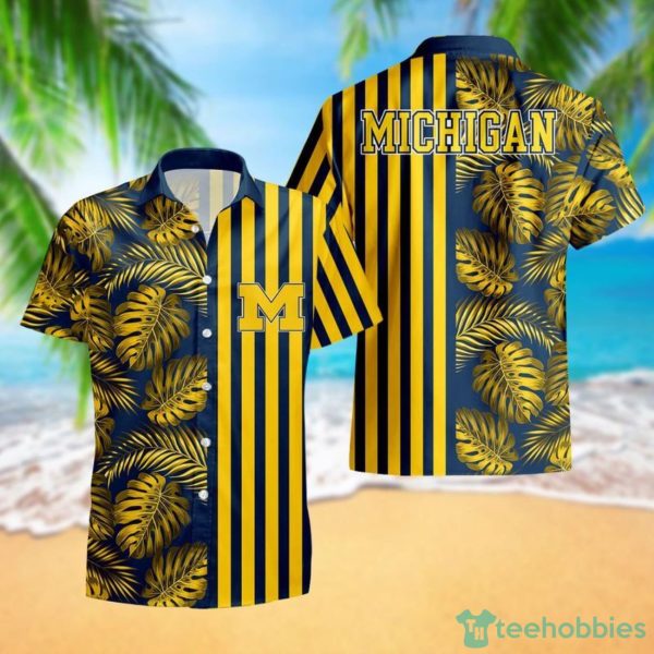 Michigan Wolverines Leaf and Stripe Pattern Hawaiian Shirt For Fans Summer Gift Product Photo 1