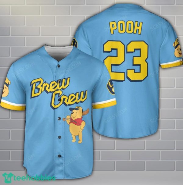 Milwaukee Brewers Winnie the Pooh Light Blue Baseball Jersey Shirt Cute Gift For Men Women Custom Name Number Product Photo 1