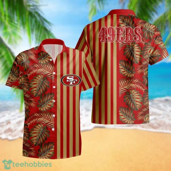 San Francisco 49ers Leaf and Stripe Pattern Hawaiian Shirt For Fans Summer Gift Product Photo 1