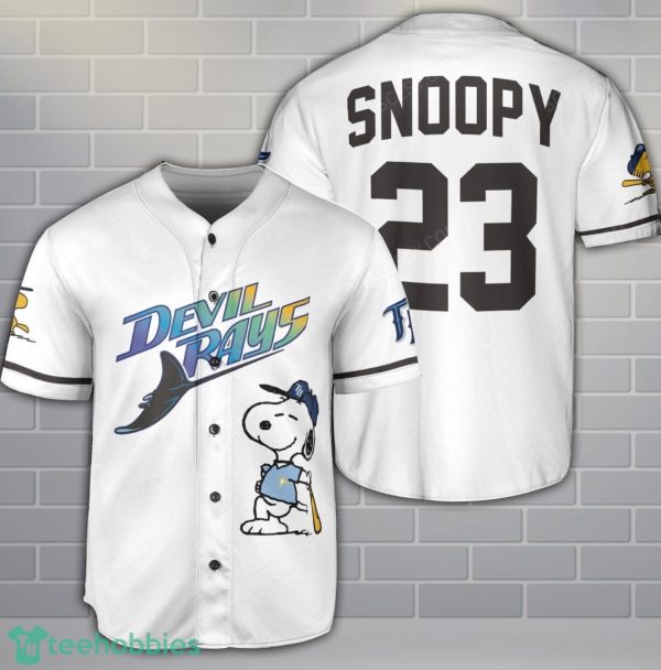 Tampa Bay RaysWhite Peanuts Snoopy Baseball Jersey Shirt For Team Custom Name Number Product Photo 1