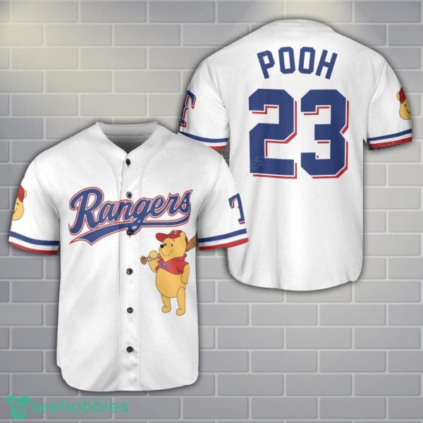 Texas Rangers Winnie the Pooh Baseball Jersey Shirt Cute Gift For Men Women Custom Name Number Product Photo 1