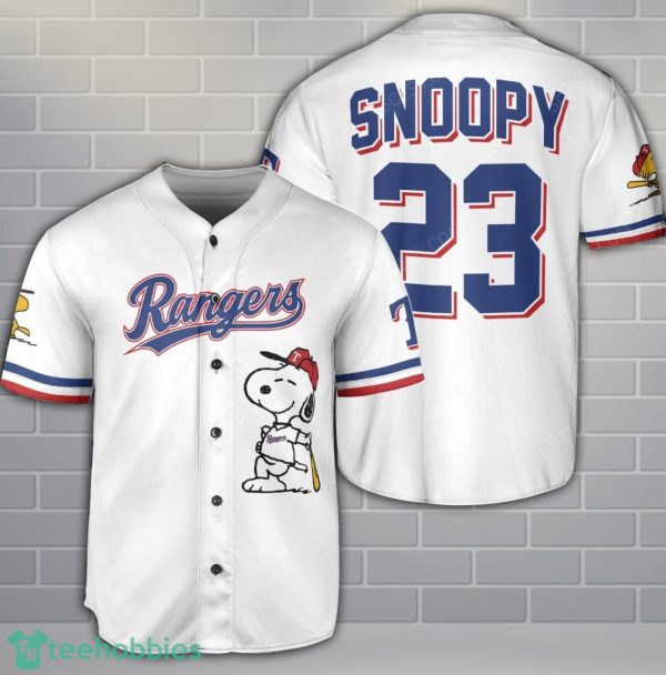 Texas RangersWhite Peanuts Snoopy Baseball Jersey Shirt For Team Custom Name Number Product Photo 1
