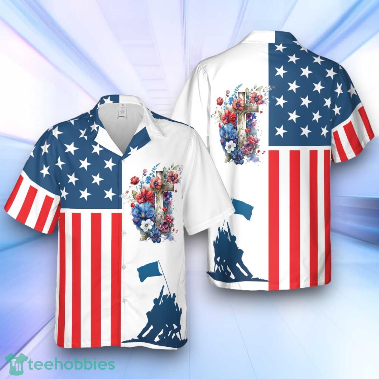 4th July Happy Independence Day US Flag Cross Hawaiian Shirt image 4th July Happy Independence Day US Flag Cross Hawaiian Shirt Product Photo 1