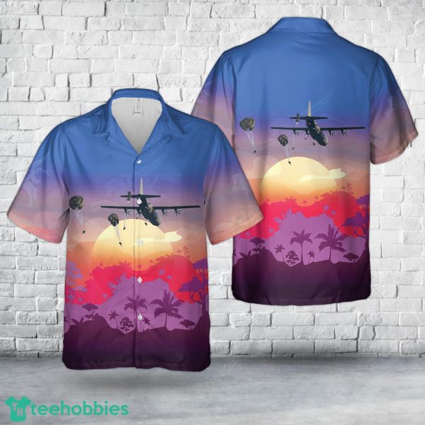 British Army Paratroopers with 16 Air Assault Brigade jump from a Royal Air Force Hercules aircraft over Salisbury Plain 3D Hawaiian Shirt Beach Team Gift Product Photo 1