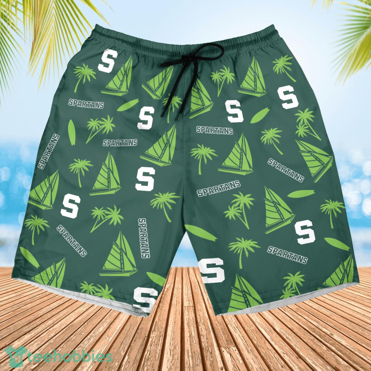 Michigan State Spartans Sailboat and Coconut Pattern Beach Shorts For Fans image Michigan State Spartans Sailboat and Coconut Pattern Beach Shorts For Fans Product Photo 2