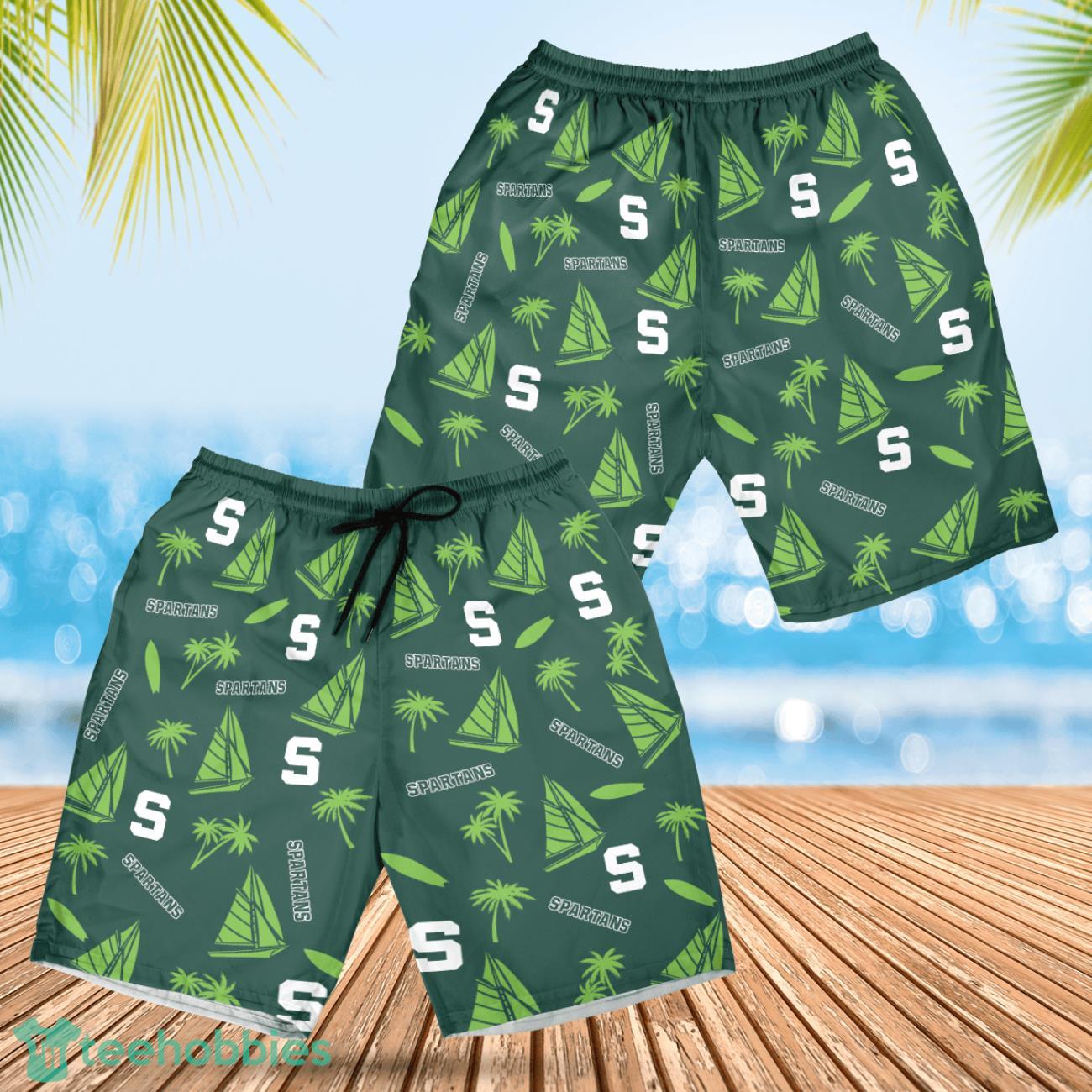 Michigan State Spartans Sailboat and Coconut Pattern Beach Shorts For Fans image Michigan State Spartans Sailboat and Coconut Pattern Beach Shorts For Fans Product Photo 1