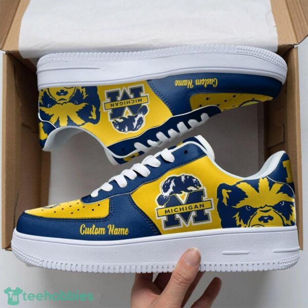 Michigan Wolverines Mascot Logo NCAA Football Baseball Personalized Name Air Force Shoes Product Photo 1