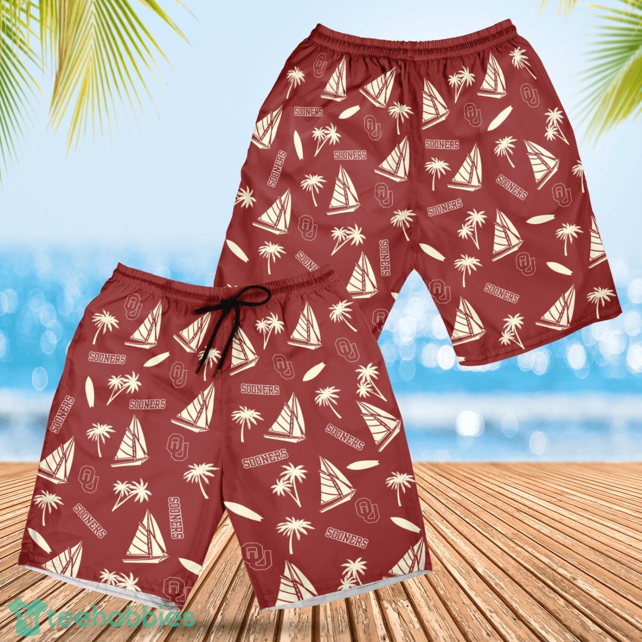 Oklahoma Sooners Sailboat and Coconut Pattern Beach Shorts For Fans image Oklahoma Sooners Sailboat and Coconut Pattern Beach Shorts For Fans Product Photo 1