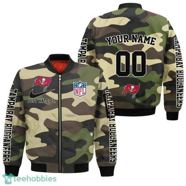 Tampa Bay Buccaneers Personalized Name And Number Camo Bomber Jacket Product Photo 1