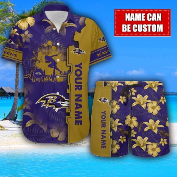 Baltimore Ravens Flower Tropical Hawaiian Shirt And Shorts Custom Name For Fans Summer Outfit Product Photo 1