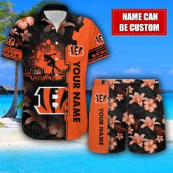 Cincinnati Bengals Flower Tropical Hawaiian Shirt And Shorts Custom Name For Fans Summer Outfit Product Photo 1