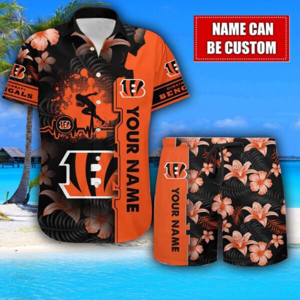 Cincinnati Bengals Flower Tropical Hawaiian Shirt And Shorts Custom Name For Fans Summer Outfit Product Photo 1