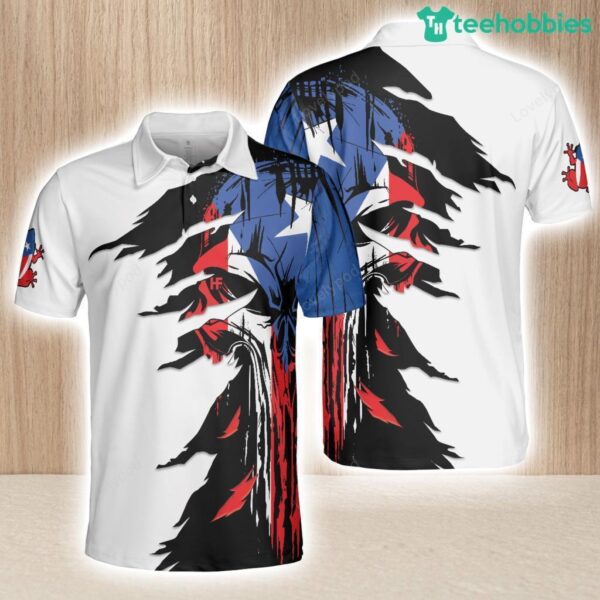 Puerto Rico Skull Polo Shirt White Skull Puerto Rico Flag Shirt For American Product Photo 1