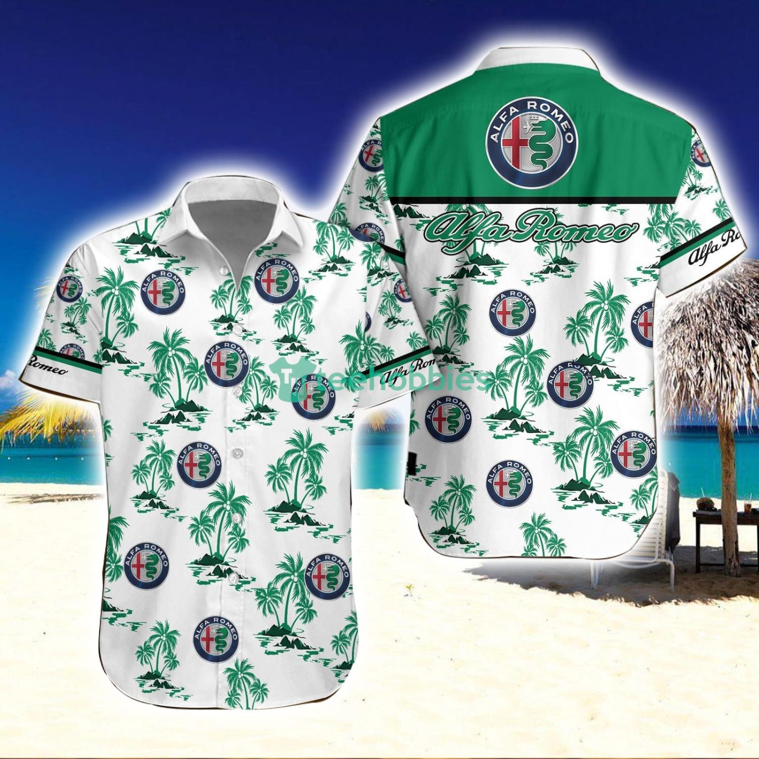 Alfa Romeo Logo and Coconut tree Pattern White Hawaiian Shirt For Men And Women image Alfa Romeo Logo and Coconut tree Pattern White Hawaiian Shirt For Men And Women Product Photo 1