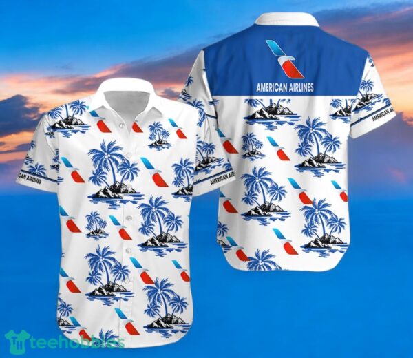 AMERICAN AIRLINES Blue Coconut Tree Pattern Beach Hawaiian Shirt And Shorts For Men And Women Product Photo 2