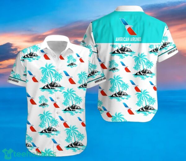 AMERICAN AIRLINES Coconut Tree Pattern Beach Hawaiian Shirt And Shorts Light Blue Hawaii Shirt Product Photo 2
